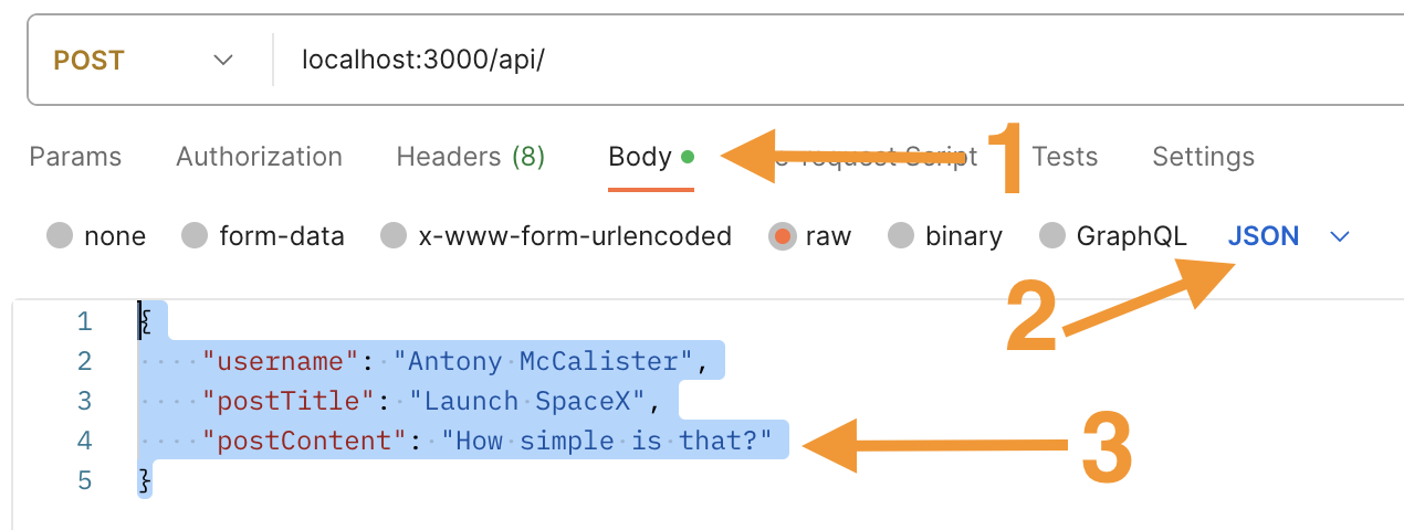 Test slutt-API gjennom Postman – forespørselskropp for å opprette innlegget